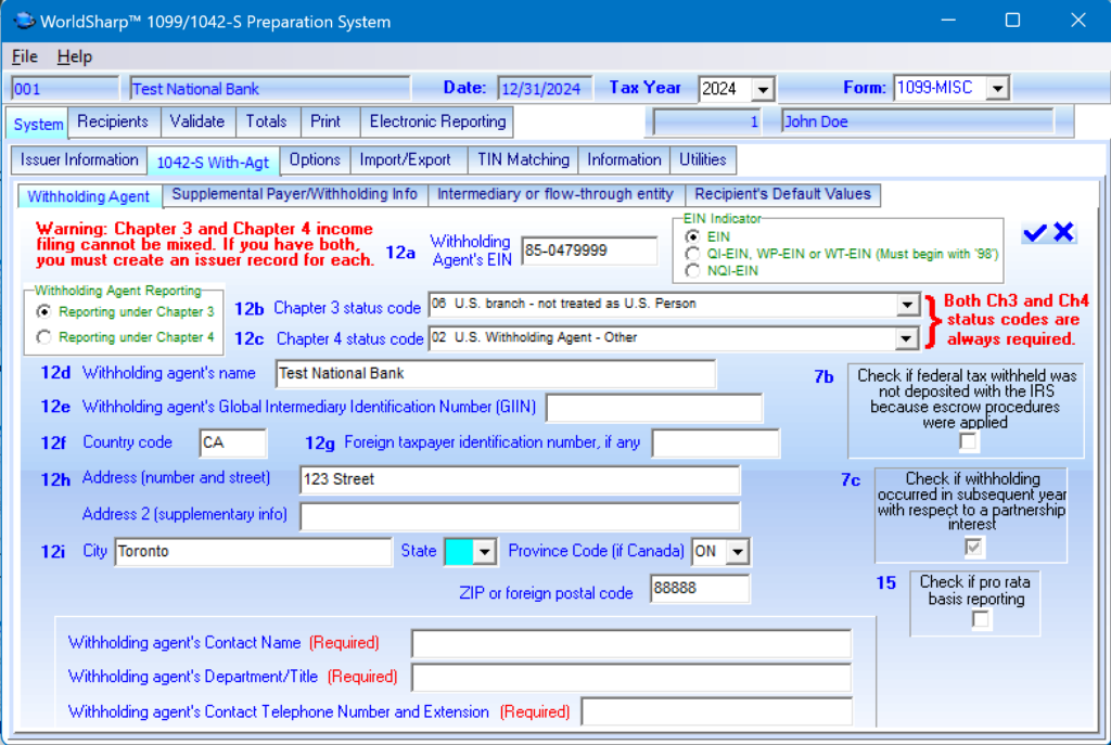 1099 Preparation System - 1042-S Withholding Agent Screen