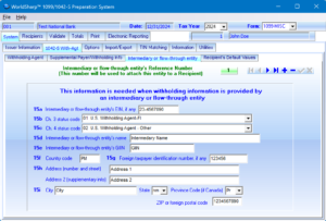1099 Preparation System - 1042-S Withholding Agent Intermediary Screen