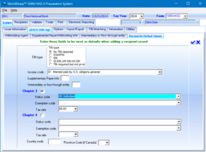 1099 Preparation System - 1042-S Withholding Agent Defaults Screen