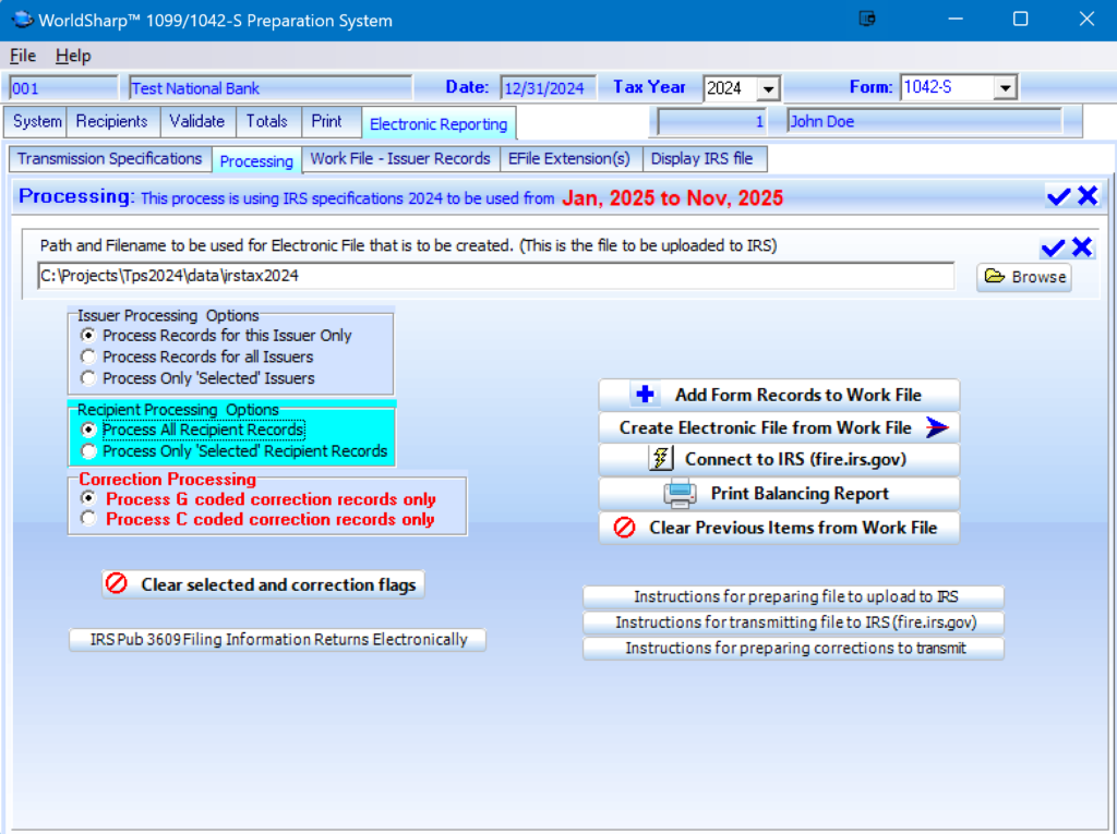 1099 Preparation System - Electronic Reporting Corrections Screen