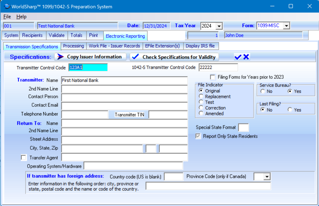 1099 Preparation System - Electronic Reporting Specifications Screen
