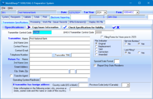 1099 Preparation System - Electronic Reporting Specifications Screen