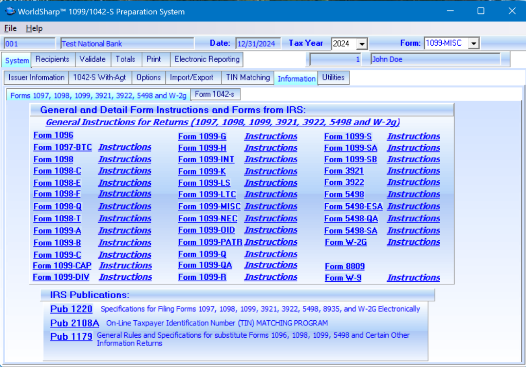 1099 Preparation System - IRS Information Screen