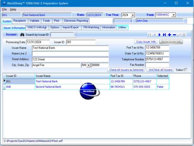 1099 Preparation System - Main Screen