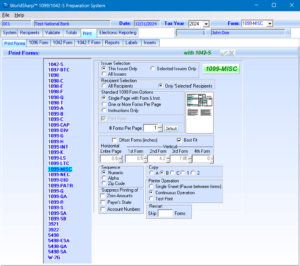 1099 Preparation System - Print Forms Screen