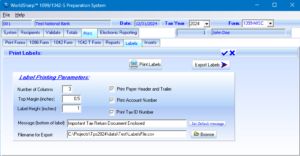 1099 Preparation System - Print Labels Screen