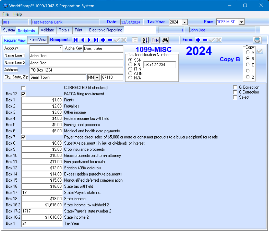 1099 Preparation System - Recipients Regular Screen