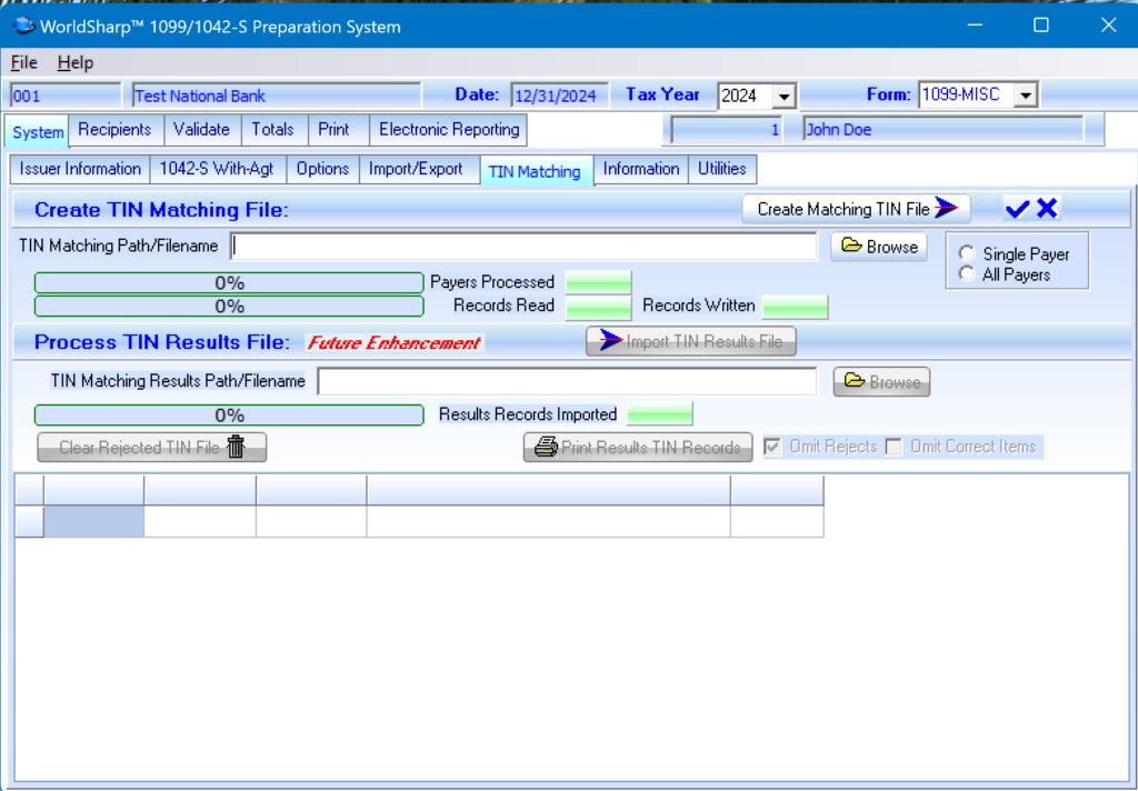 1099 Preparation System - TIN Matching Screen