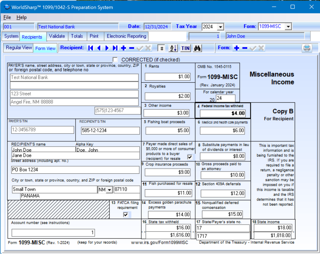 1099 Preparation System - Recipients Form View Screen