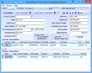 ACH Item Preparation System Accounts Screen
