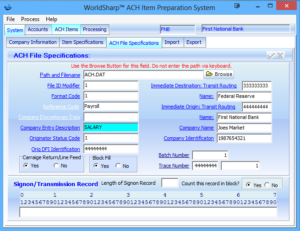 ACH Item Preparation System File Specifications Screen