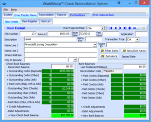 Check Reconciliation System Enter/Display Items Screen