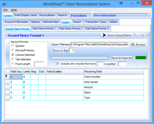 Check Reconciliation System Import Screen