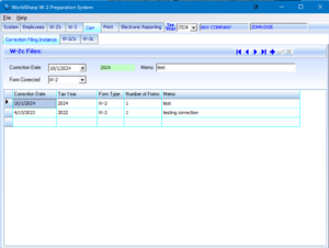 W-2 Preparation System - Correction Filing Instance Screen