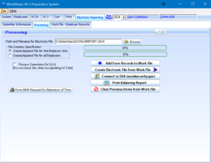 W-2 Preparation System - Electronic Reporting - Processing Screen