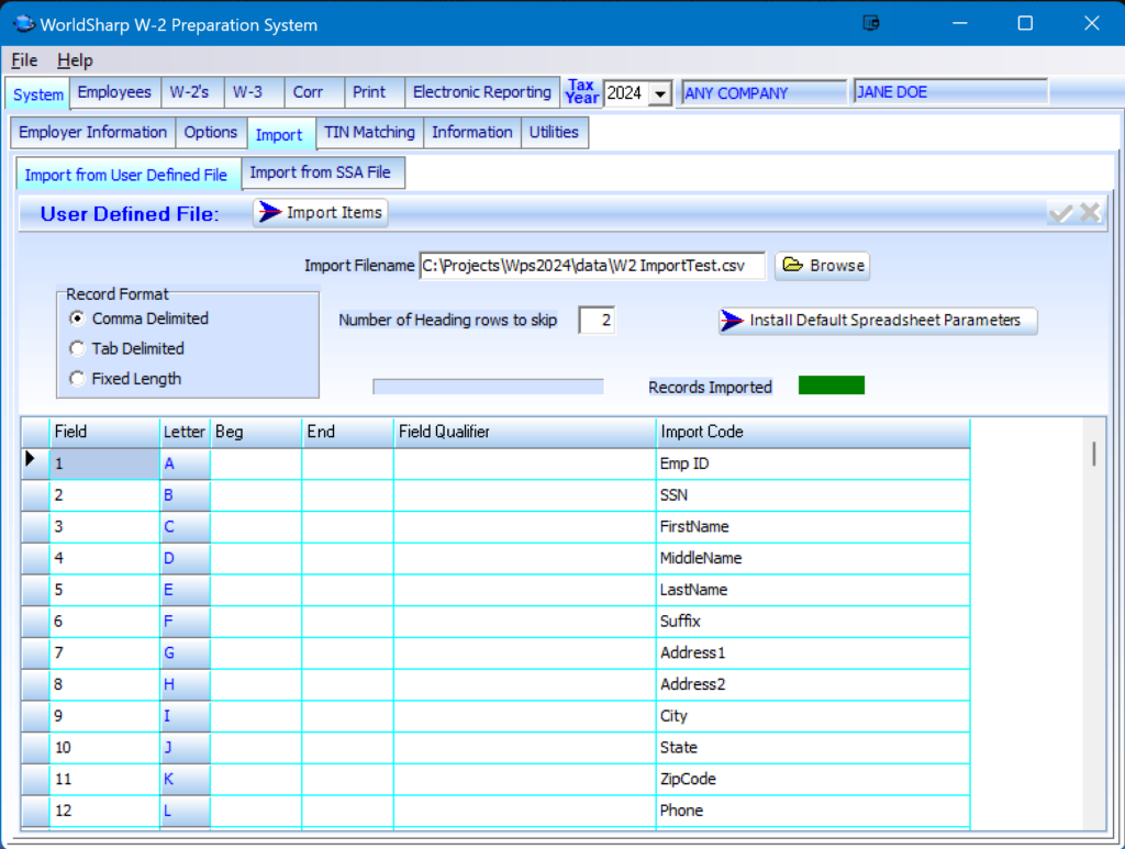 W-2 Preparation System - Import User Defined File Screen