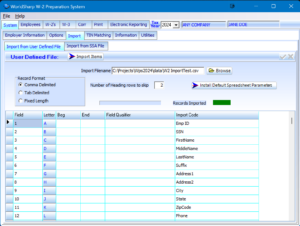 W-2 Preparation System - Import User Defined File Screen