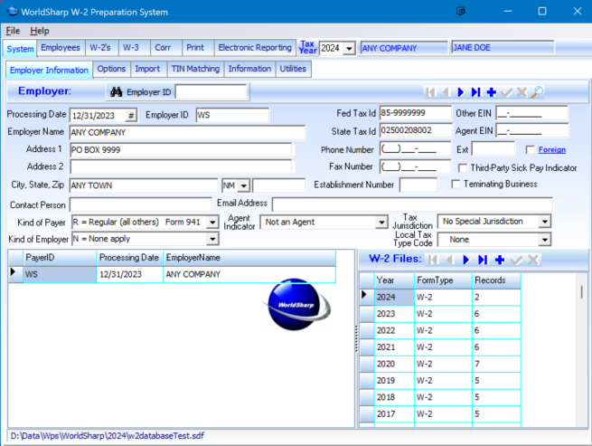 W-2 Preparation System - Main Screen